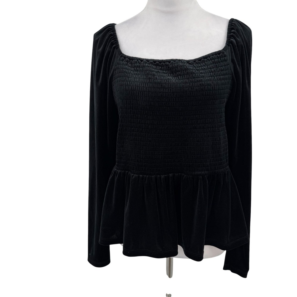 GAP Velvet Smocked Peplum Top Women XL Black Square Neck Puff Sleeve Holiday